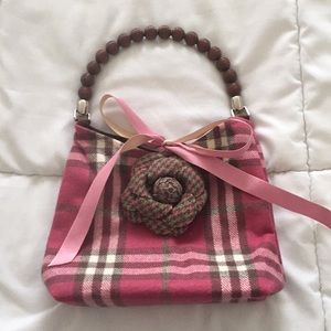 Small pink plaid flannel bag with flower bow beads